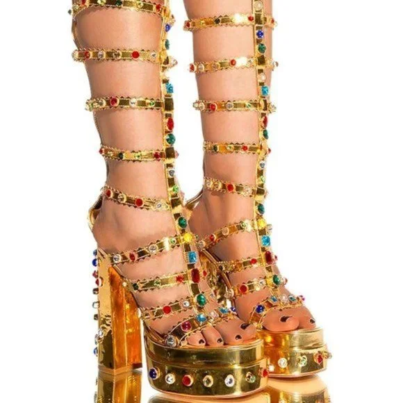 Callie Lives in Egypt Gold Highrise Gladiator Gemstone Platform Chunky Heels 10 - Picture 1 of 5